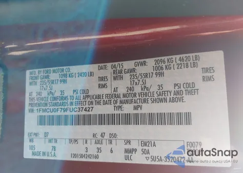 2015 Ford Escape S z USA, uszkodzony, nr VIN 1FMCU0F79FUC37427